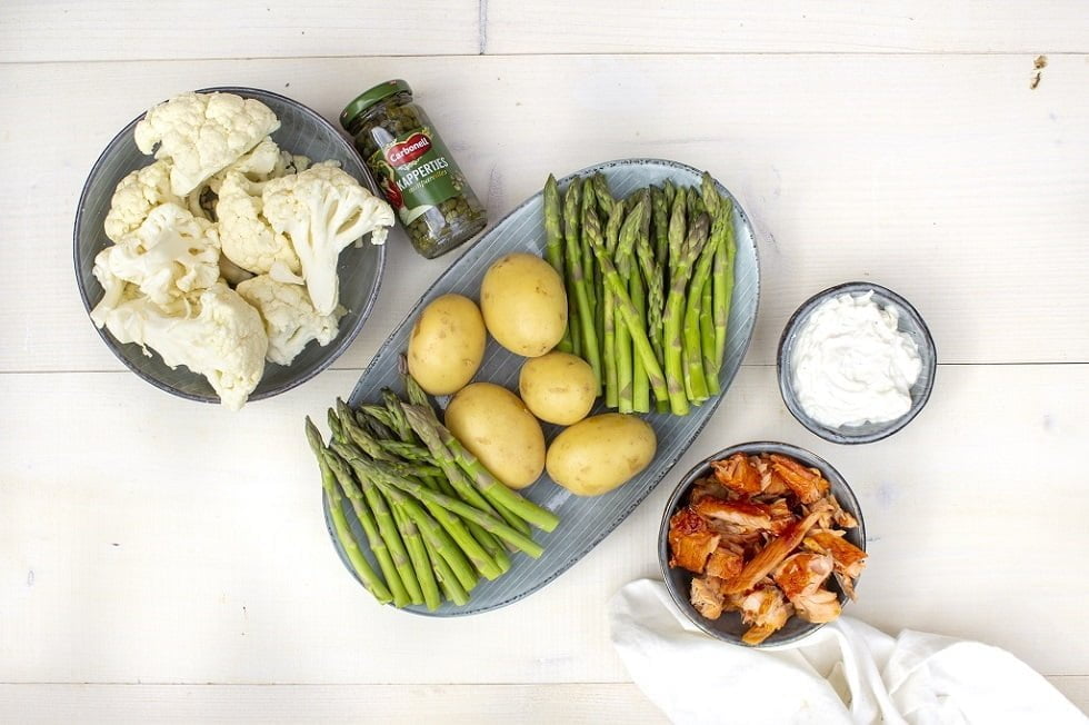 Bloemkoolpuree met zalm en groene aspergetips ingredienten