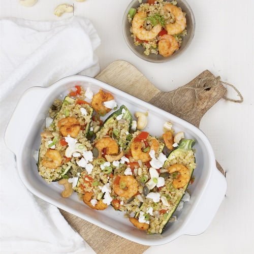 Gevulde courgette met bulgur en garnalen